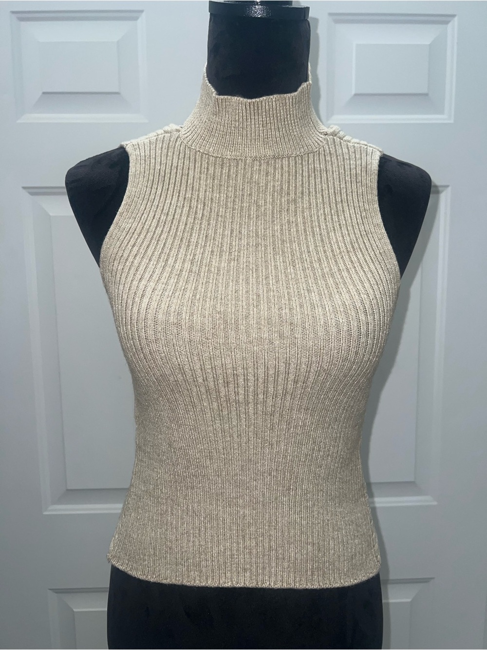 Papermoon Sleeveless Ribbed Mock Neck Tank - Beige